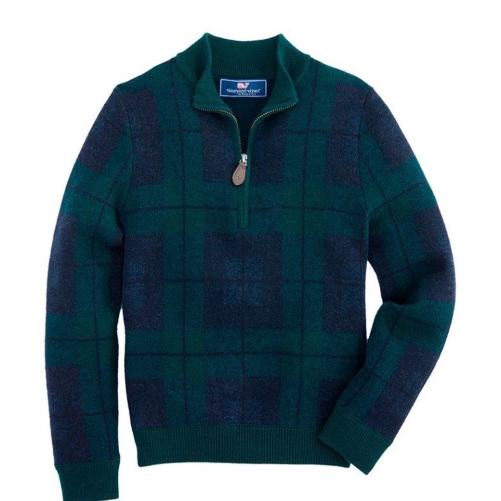 VINEYARD VINES BLACKWATCH CHARLESTON GREEN LARGE NWT 12-14 MERINO WOOL 1/4 ZIP